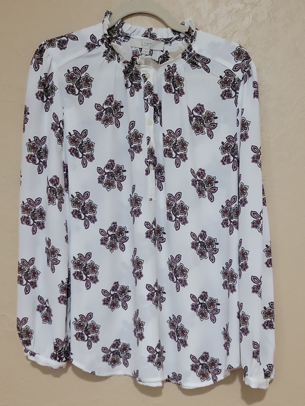 LOFT White Blouse with Dark Floral Tie-Neck